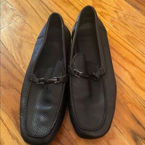 Boss Textured Black Leather Slip-On Loafers